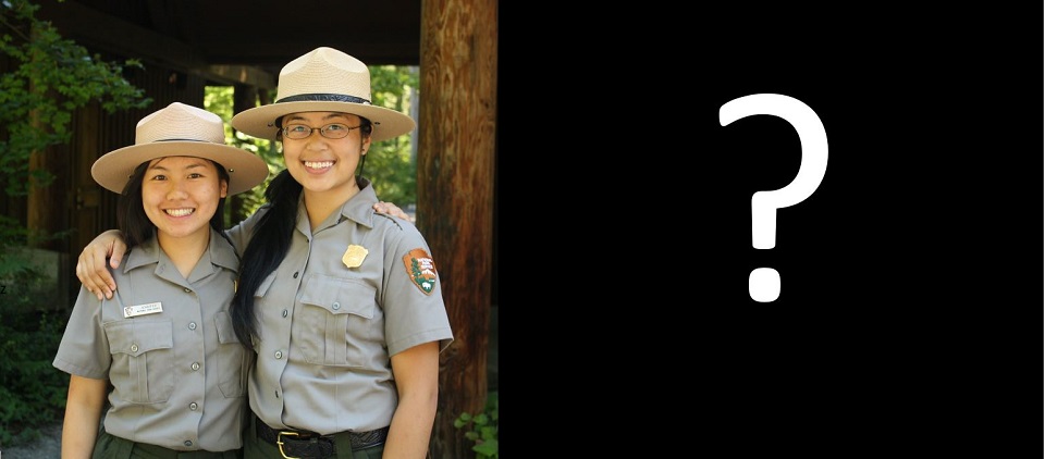 A photo of a group of Junior Rangers getting sworn in next to a photo of two park rangers
