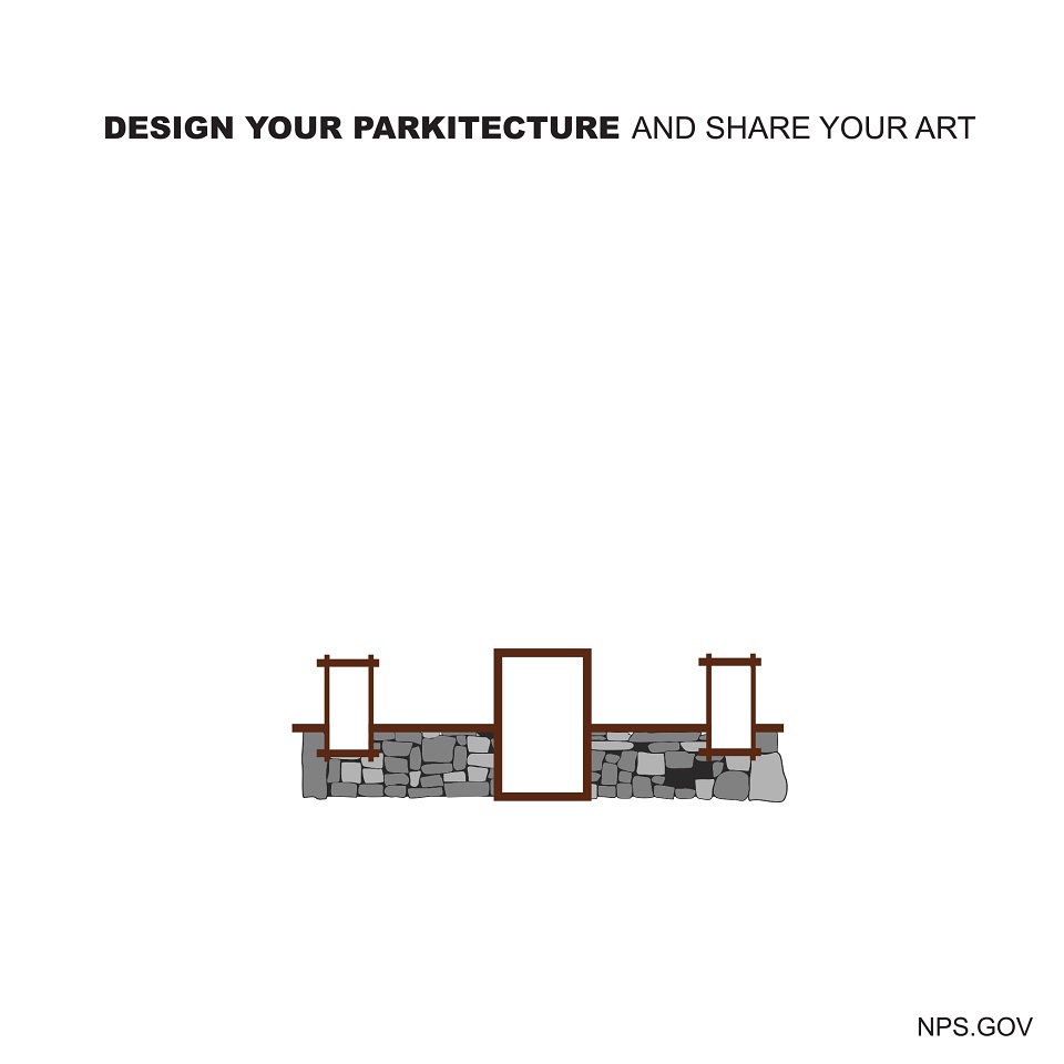 Art template with text "Design Your Parkitecture and Share Your Art" and stone wall with door and windows
