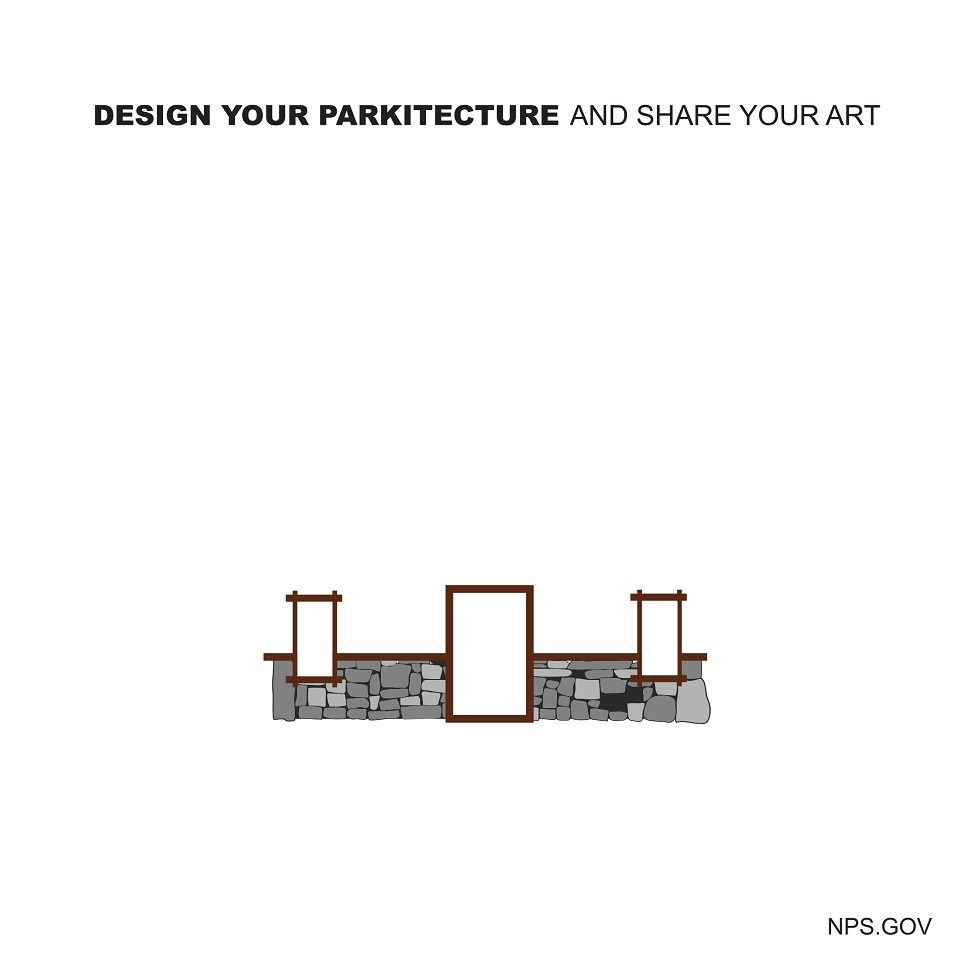 Art template with text "Design Your Parkitecture and Share Your Art" and stone wall with door and windows