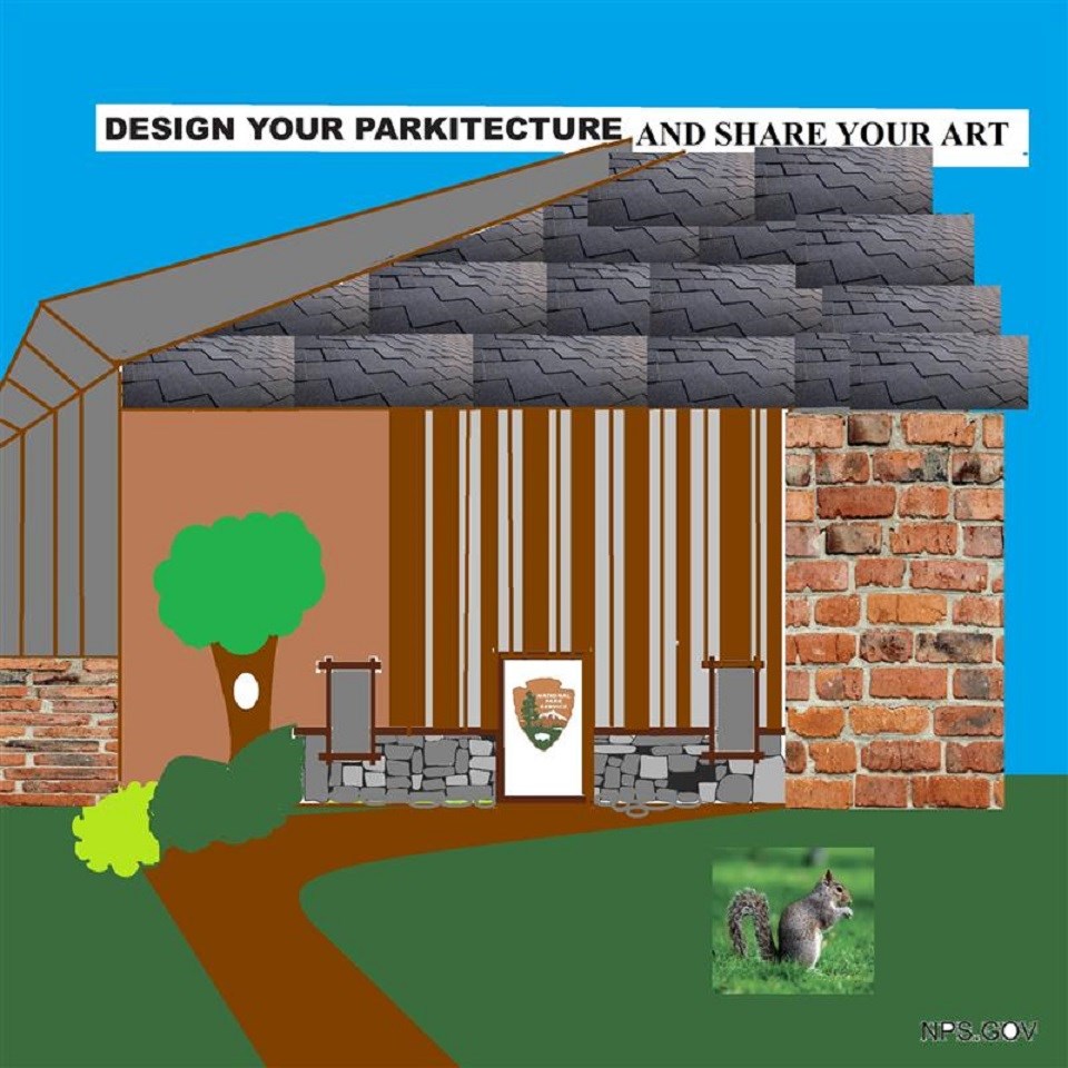 Art template with text "Design Your Parkitecture and Share Your Art" and stone wall with door and windows