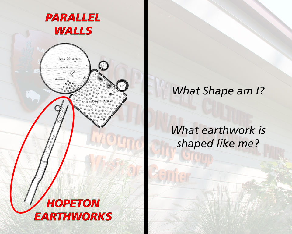 A geometric shape and "What shape am I?"  "What earthwork is shaped like me?"