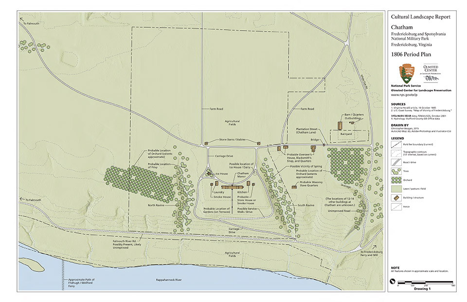 1806 period plan of Chatham Manor shows the features and configuration of the landscape.