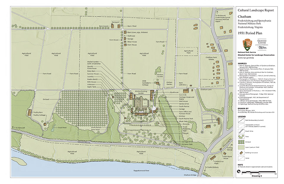 1806 period plan of Chatham Manor shows the features and configuration of the landscape.