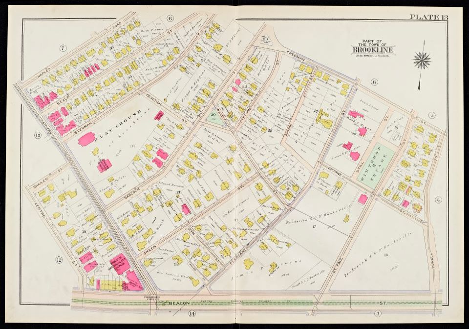 Map of 1907 Coolidge Corner. Majority of buildings are wood and large open plots still present near Beacon St. 83 Beals is not constructed.