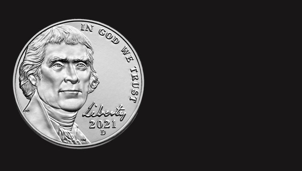 A nickel showing Thomas Jefferson's image