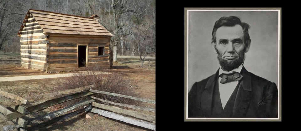 Photo of a log cabin next to a photo of Abraham Lincoln