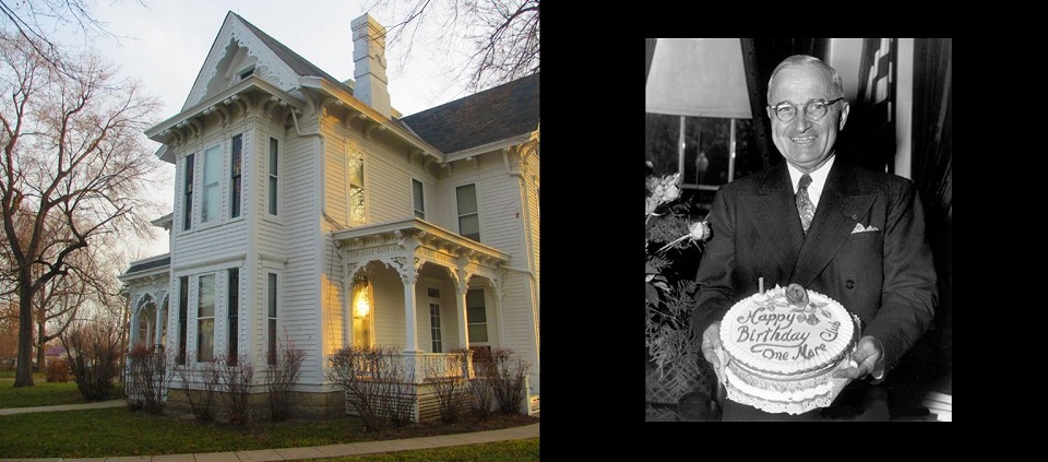 Photo of a two-story house next to a photo of Harry S Truman