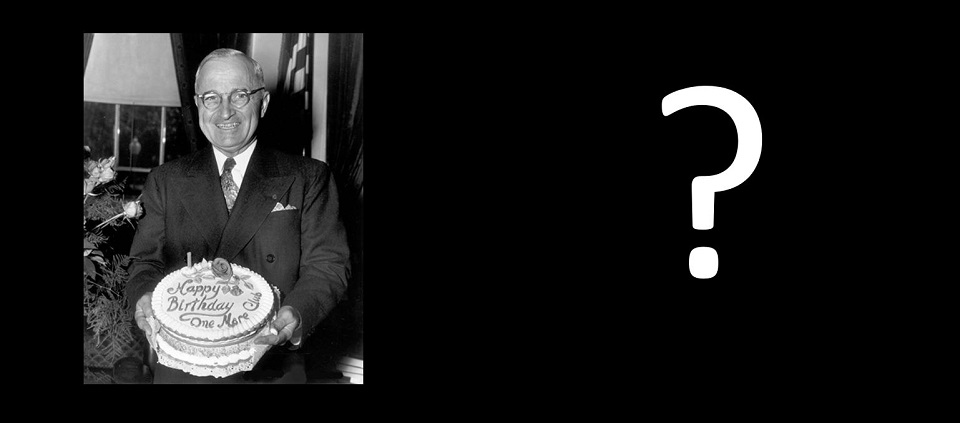 Photo of a two-story house next to a photo of Harry S Truman