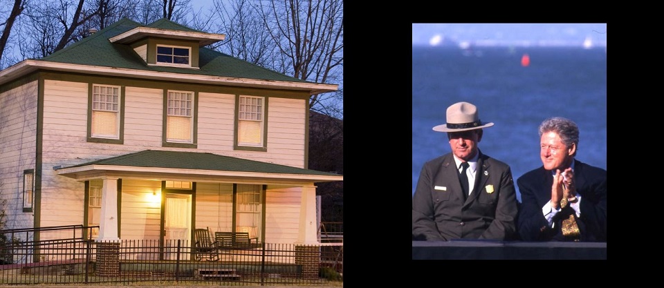Photo of a two-story house next to a photo of William Jefferson Clinton standing next to a park ranger