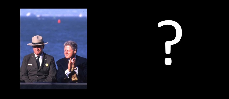 Photo of a two-story house next to a photo of William Jefferson Clinton standing next to a park ranger