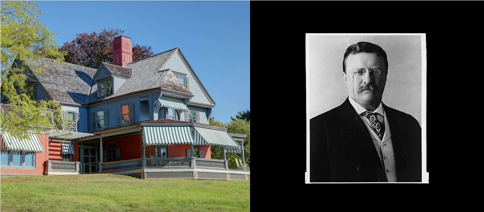 Photo of a large blue house next to a photo of Theodore Roosevelt