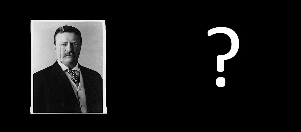 Photo of a large blue house next to a photo of Theodore Roosevelt