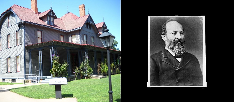 Photo of a large greyish house next to a photo of James Garfield