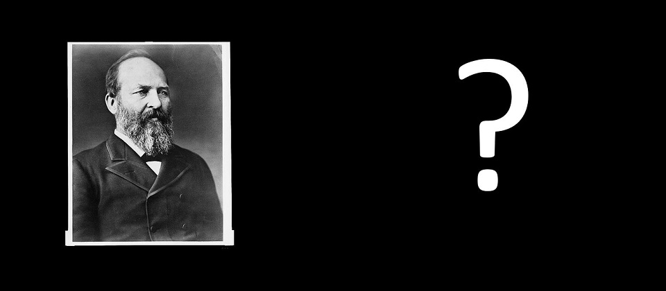 Photo of a large greyish house next to a photo of James Garfield