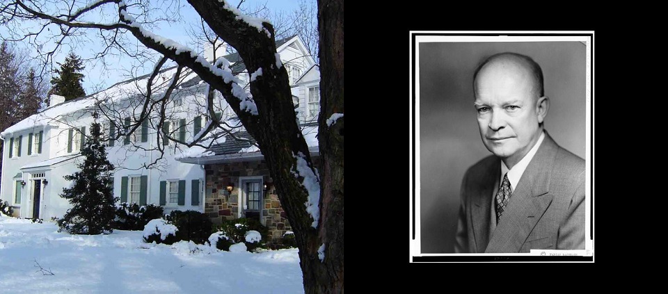 Photo of a long white house in the snow next to a picture of Dwight Eisenhower