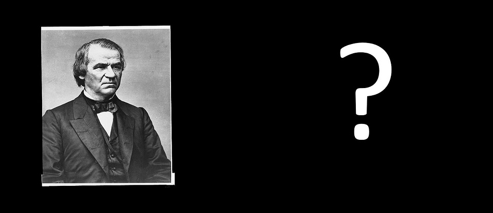 Photo of a two-story brick house next to a photo of Andrew Johnson