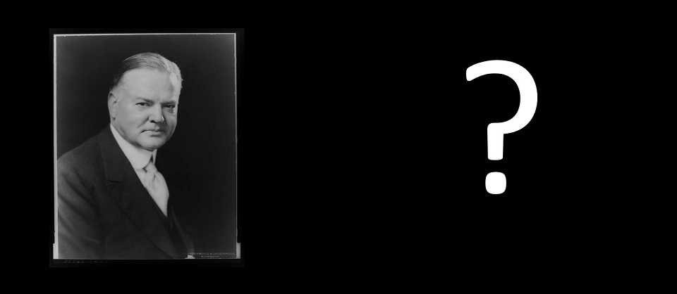 Picture of a small white cabin next to a photo of Herbert Hoover