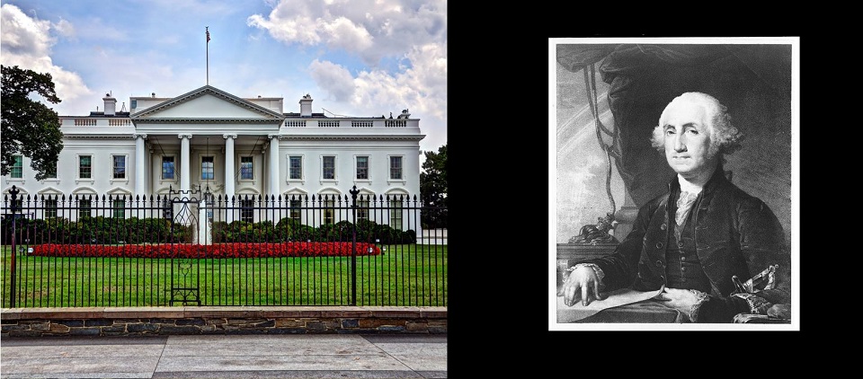 Photo of the White House next to an illustration of George Washington