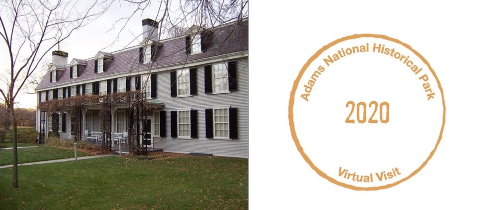 Photo of a long two-story house next to a passport stamp for Adams National Historical Park