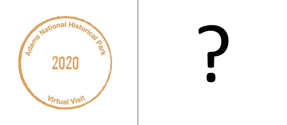 Photo of a long two-story house next to a passport stamp for Adams National Historical Park