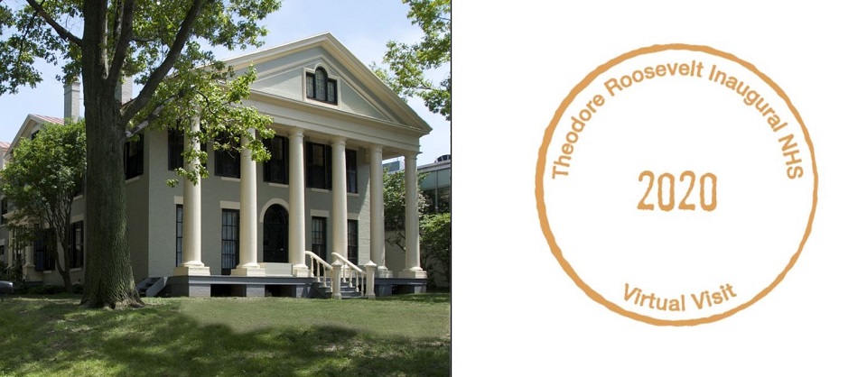Photo of a two-story house with columns next to a passport stamp for Theodore Roosevelt Inaugural