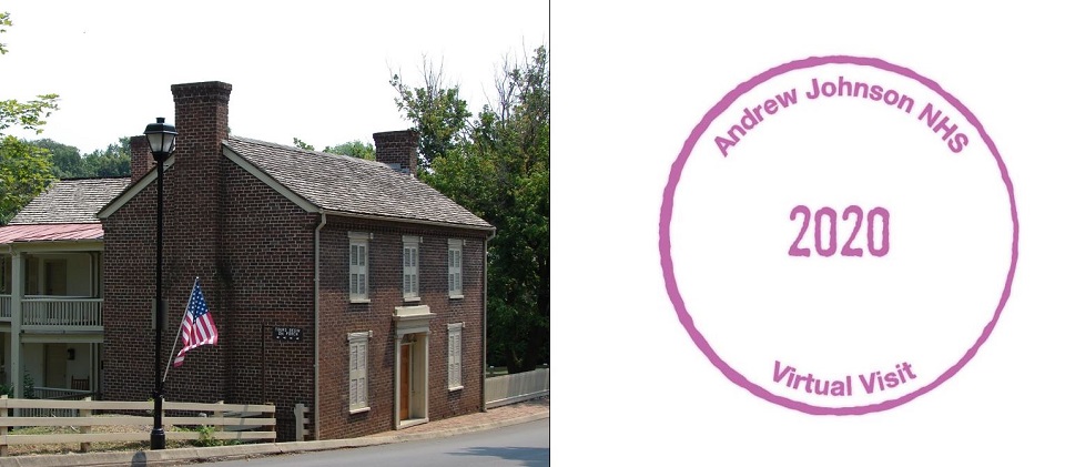 Small two-story brick house next to a passport stamp for Andrew Johnson NHS