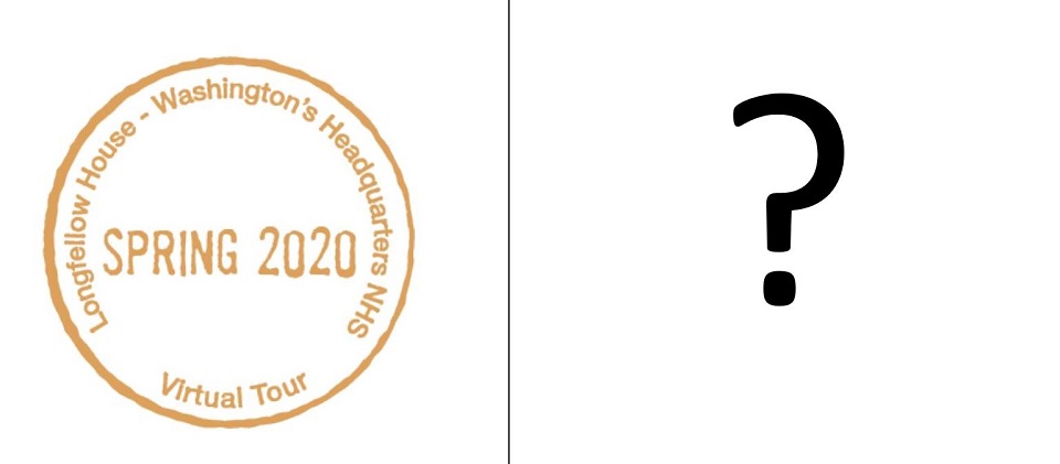 Yellow two-story house next to a passport stamp for Longfellow Home - Washington's Headquarters NHS