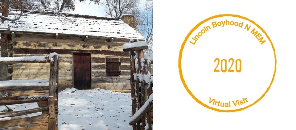 Small log cabin covered in snow next to a passport stamp for Lincoln Boyhood Home National Memorial