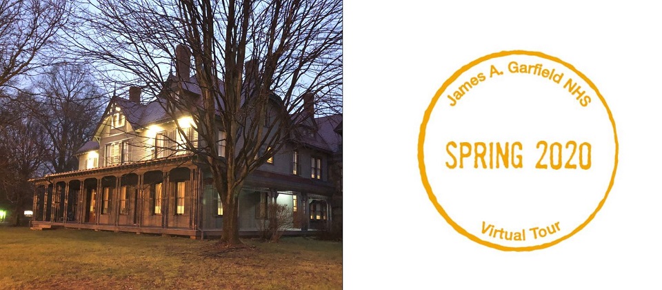 Long two-story house at dusk next to a passport stamp for James A. Garfield NHS