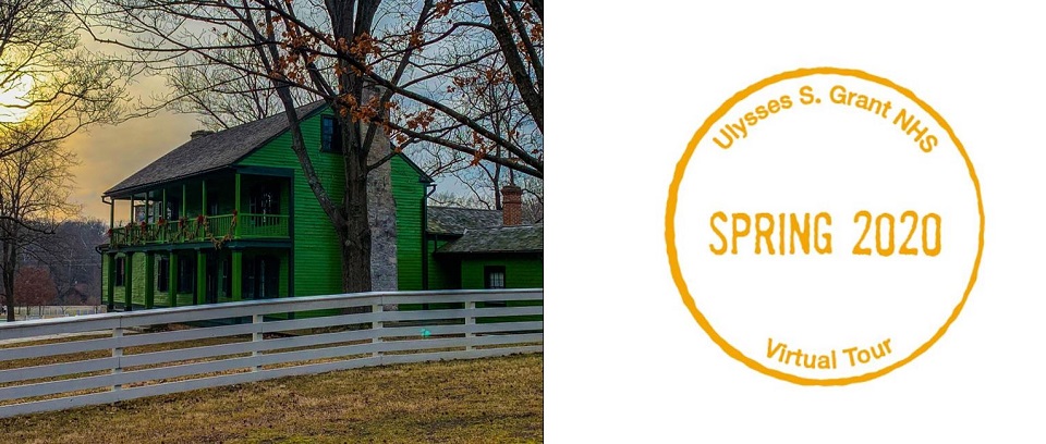 Two-story green house next to a passport stamp for Ulysses S. Grant NHS
