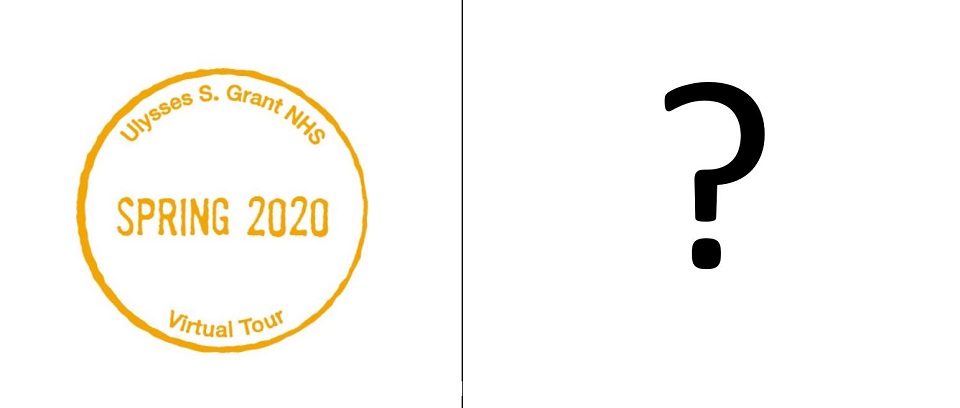Two-story green house next to a passport stamp for Ulysses S. Grant NHS