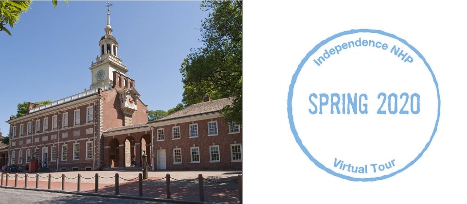 Long brick public building with a prominent cupola next to a passport stamp for Independence NHP