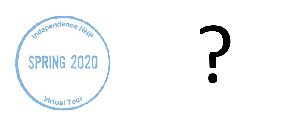 Long brick public building with a prominent cupola next to a passport stamp for Independence NHP