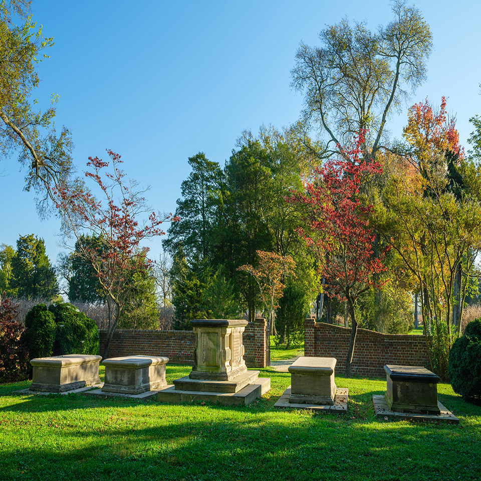 Block wall of burial ground with overgrown vegetation