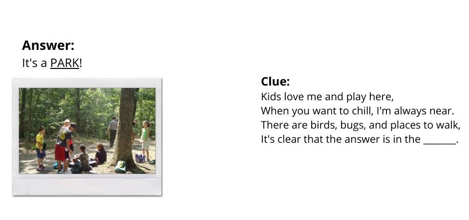 Text stating, "Outdoor Scavenger Riddle" with directions on how to complete riddle.