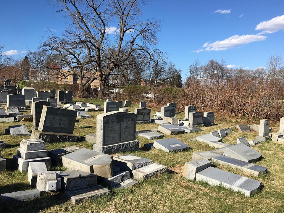 Mount Carmel Jewish Cemetery with fallen tomb stones from vandalism.