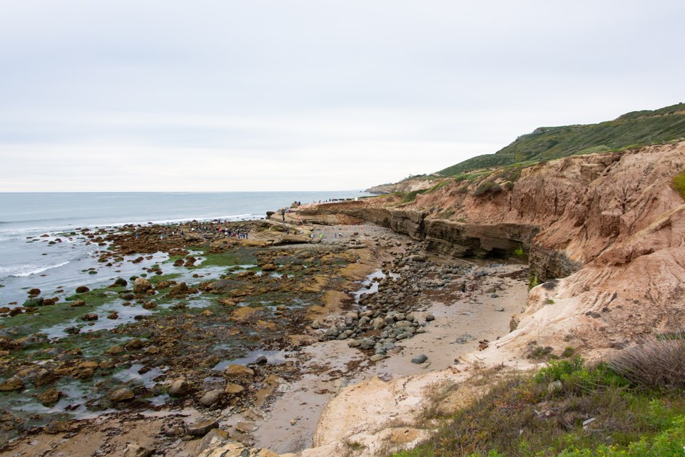 Ocean water covering rocky shoreline adjacent to cliffs