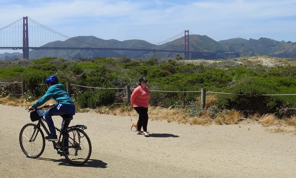 cyclists with the golden gate bridge in the background