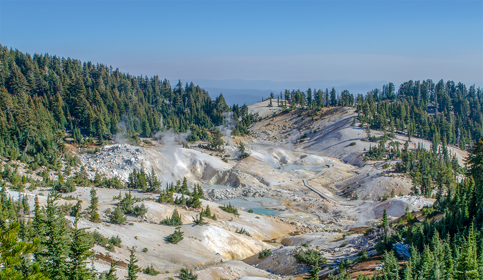 A man in a fitted jacket and a rimmed hat stands amid small conifer trees and overlooks a barren basin with steaming rising from ground and pools.