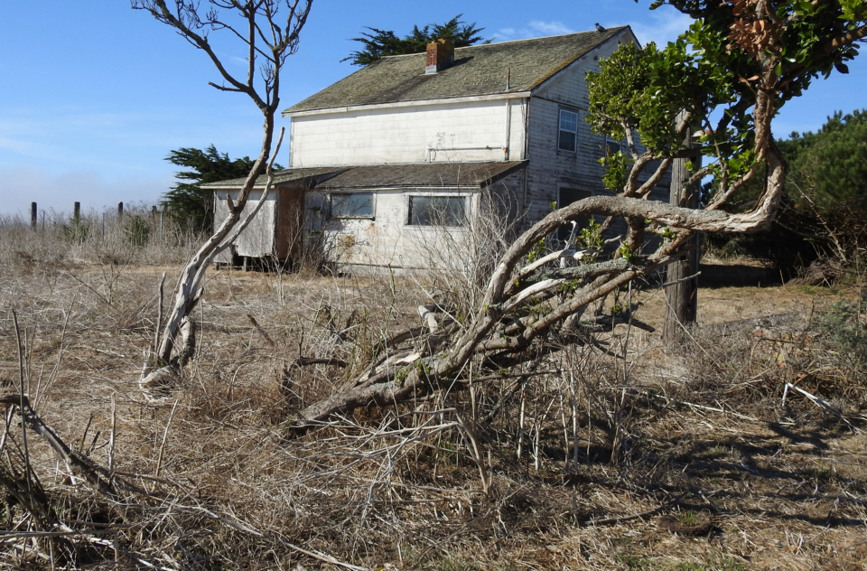 A black and white photo of men sitting outside at a table eating with a building behind them.
