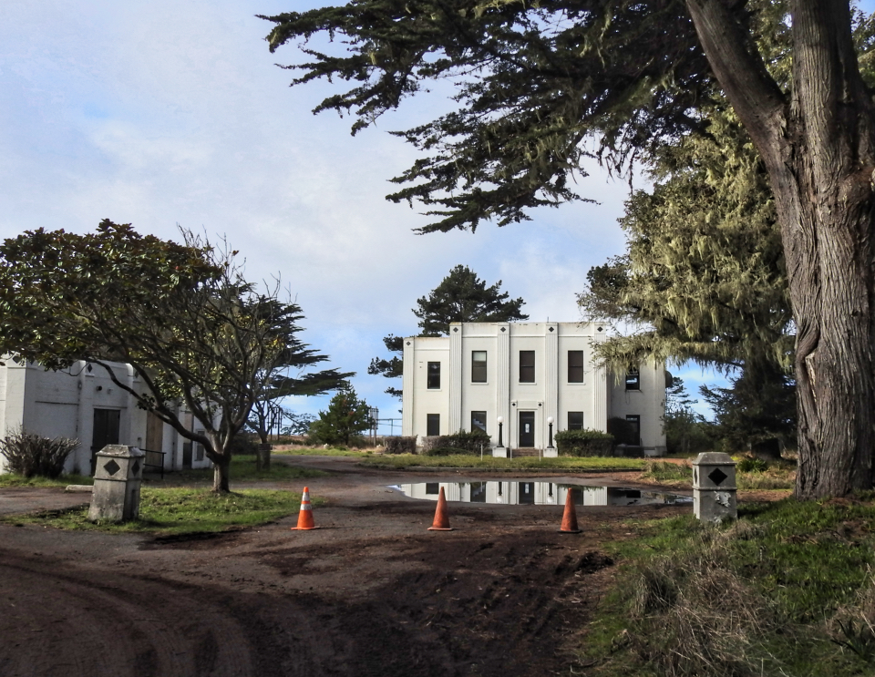 A black and white photo of two white, Art Deco-style buildings, trees lining a driveway, and two 1970s-era cars.