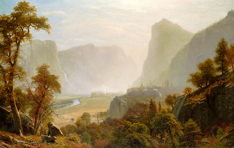 Color painting of valley with cliffs and trees, meadows