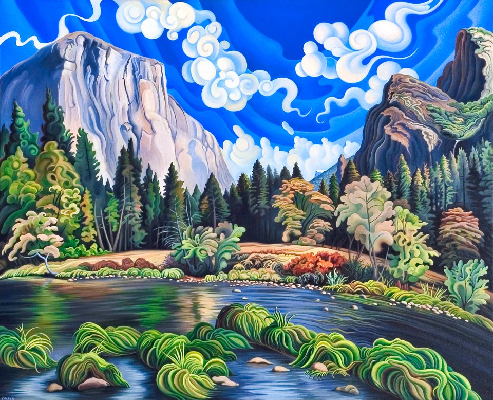 Painting of a river with cliffs, trees, and clouds in background.