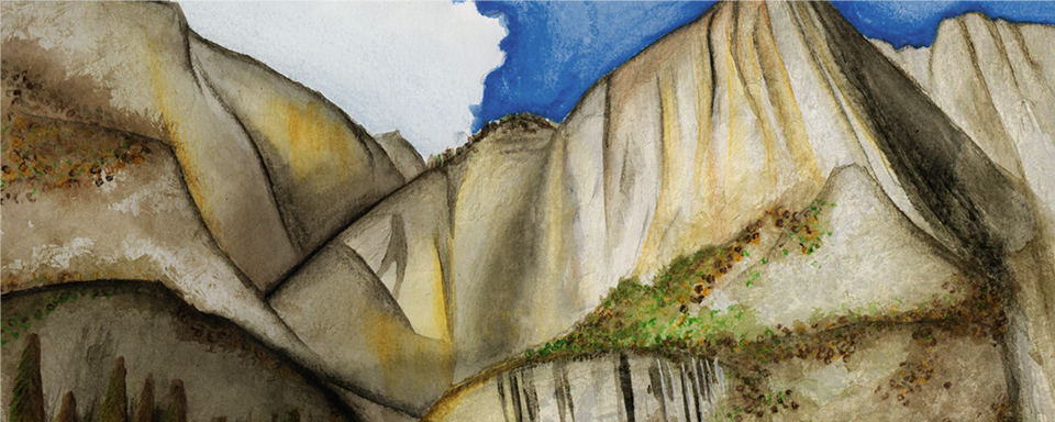 Photograph of tall waterfall pouring down granite cliff.