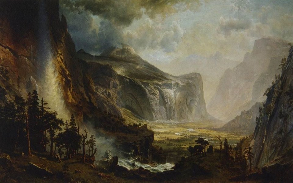 Painting of a waterfall with a valley and granite cliffs.