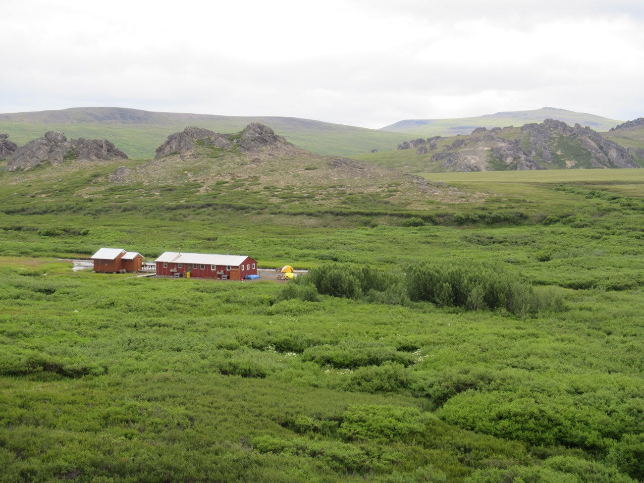 A stand of cottonwood trees next to two reddish buildings. Large granite tors rise in the background.