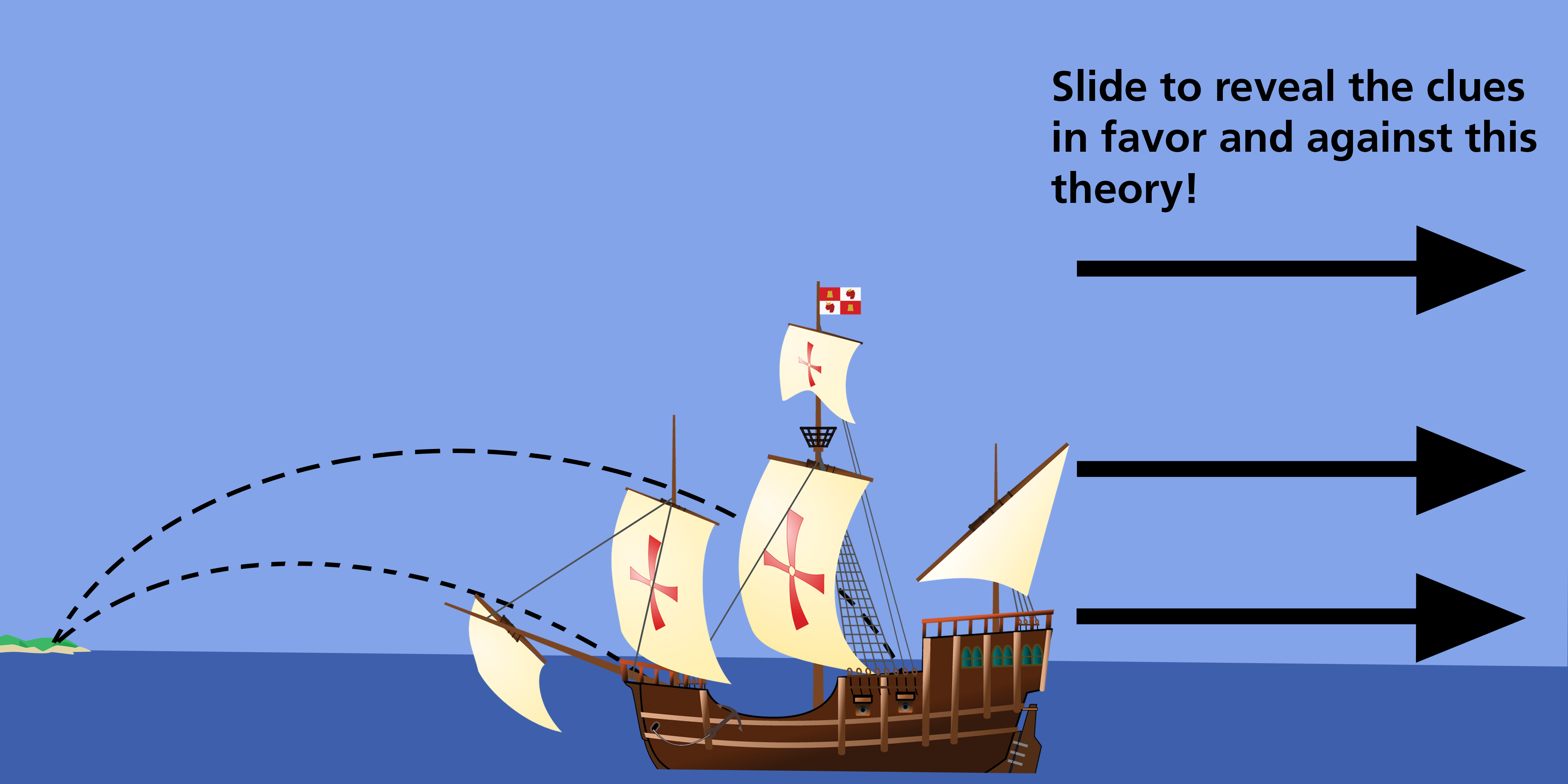 A graphically designed image of a Spanish galleon with trajectory markers going to a small island in the horizon. On the right side are a list of pros and cons about the Spanish Attack theory of the Lost Colony.