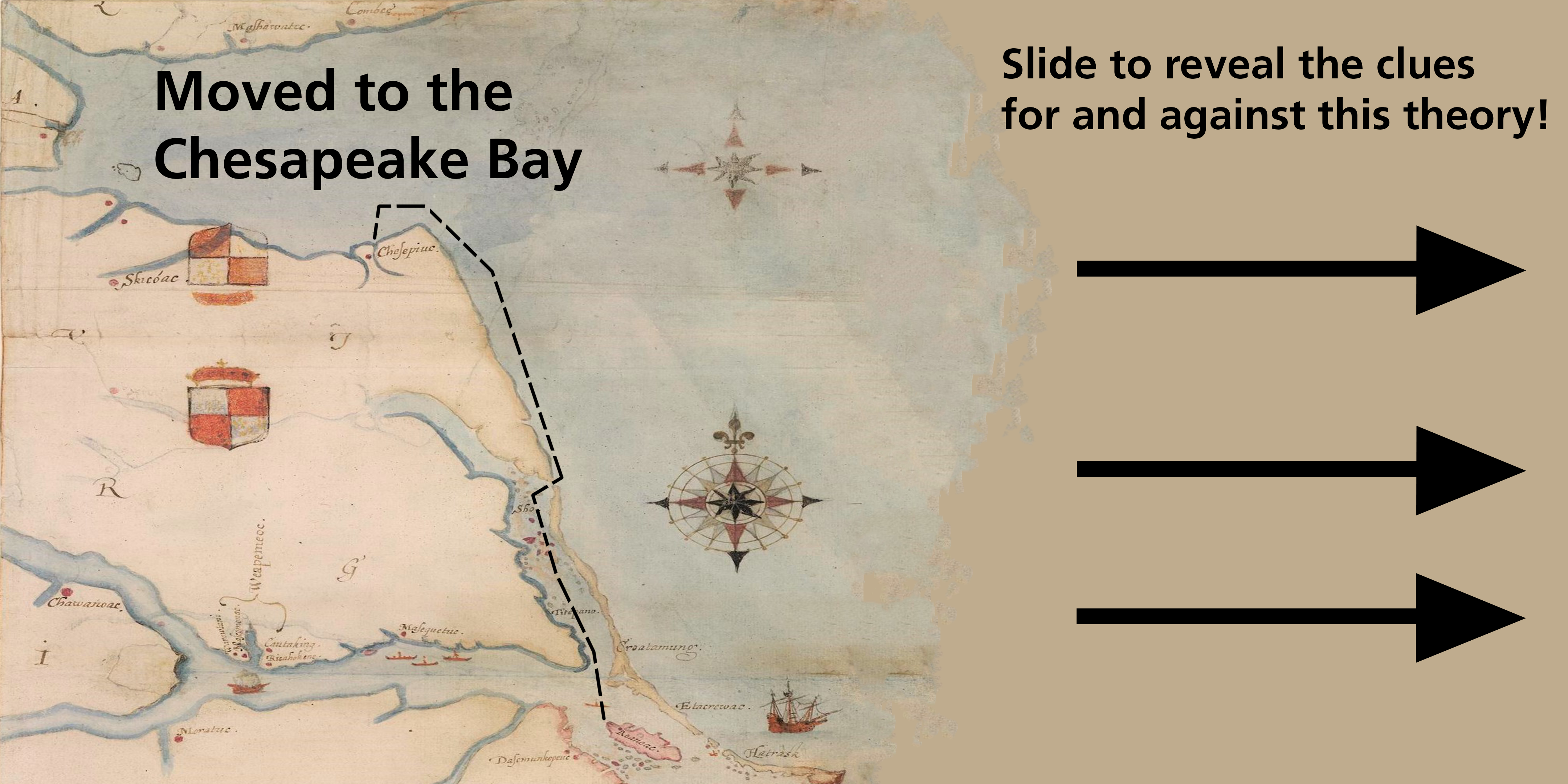 A historic map from Roanoke Island north to the Chesapeake Bay. A dotted line from Roanoke Island to the Chesapeake Bay indicating a pathway. A list of the pros and cons of the theory the Lost Colony moved to the Chesapeake Bay are listed on the right.