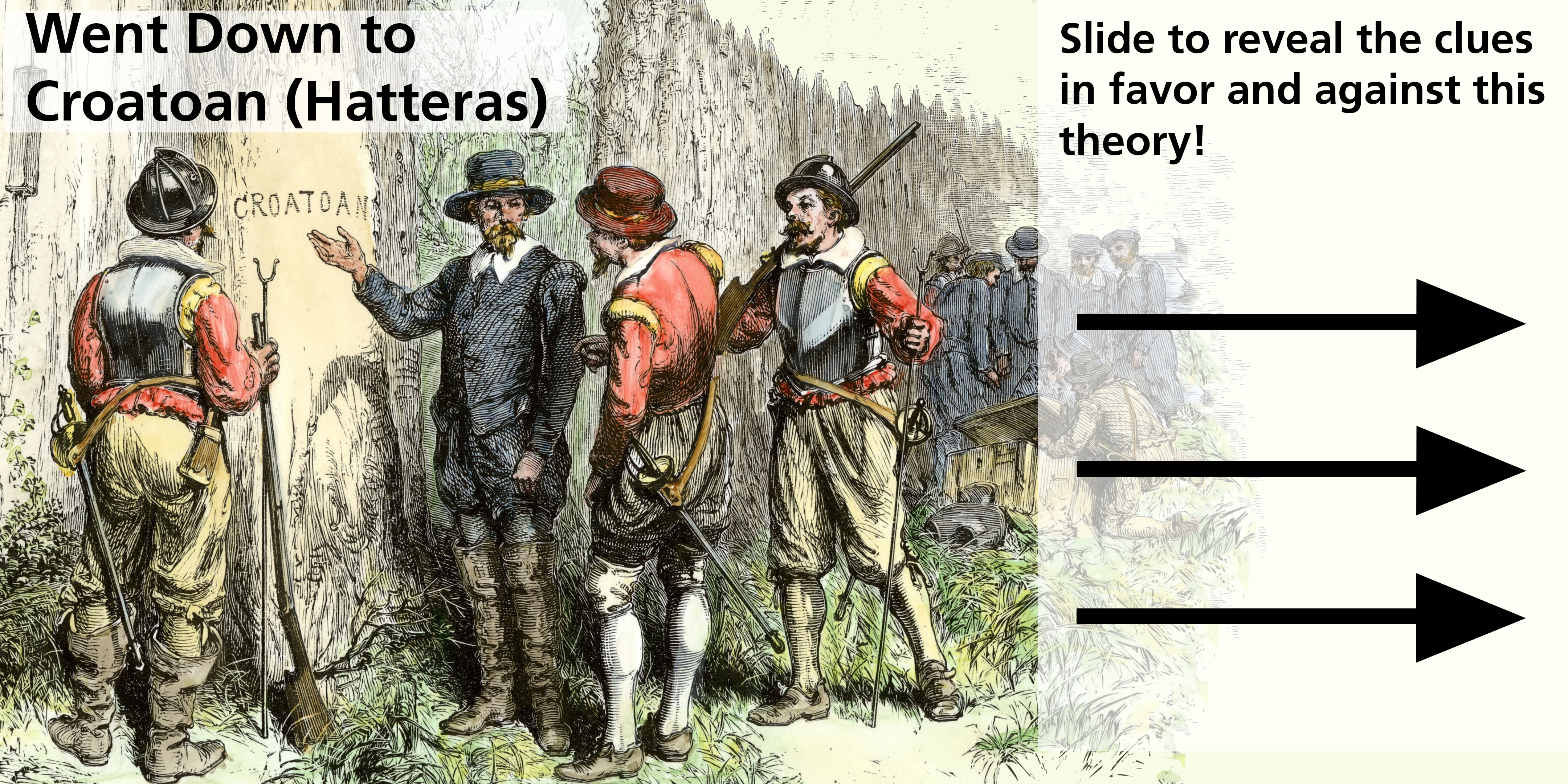 A graphic image of a watercolor of several men looking at a tree with the word Croatoan carve into the trunk. On the Right are numerous pros and cons of the theory the colonists went down to Croatoan (Hatteras Island)
