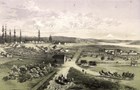 Lithograph showing Fort Vancouver on lower plain and military buildings and cannons on upper hill.
